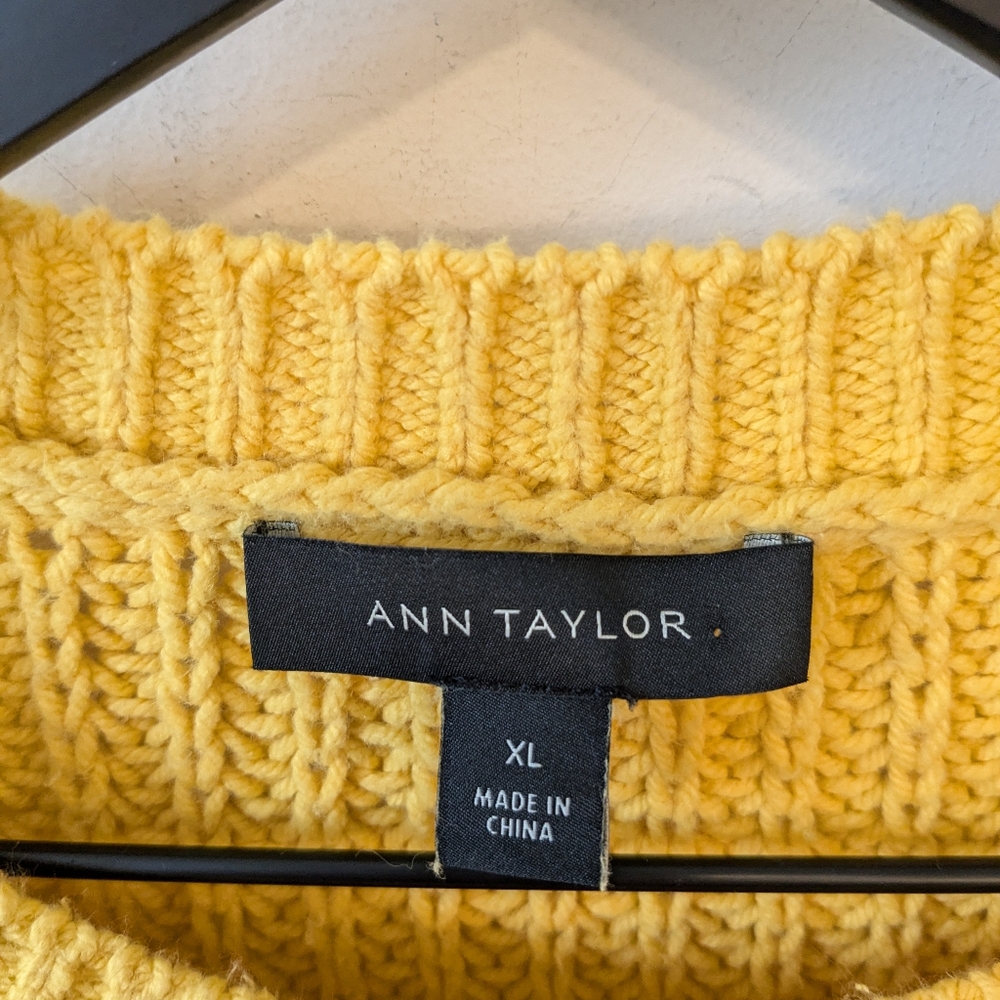 Ann Taylor 2022 Mustard Yellow Women's Cotton Blend Fisherman Cable Knit Sweater - Picture 5 of 7